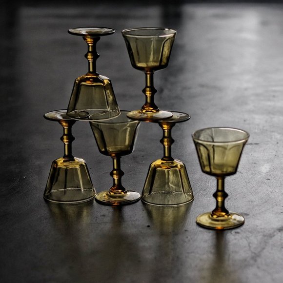 HAND-BLOWN ANTIQUE YELLOW DESSERT GLASSES SET - Picture 1 of 6
